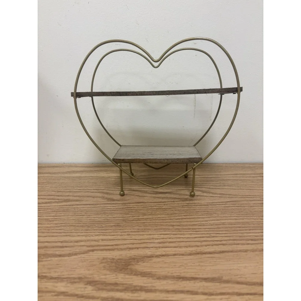 Valentines Wood and gold metal heart two tier tray shelf stand